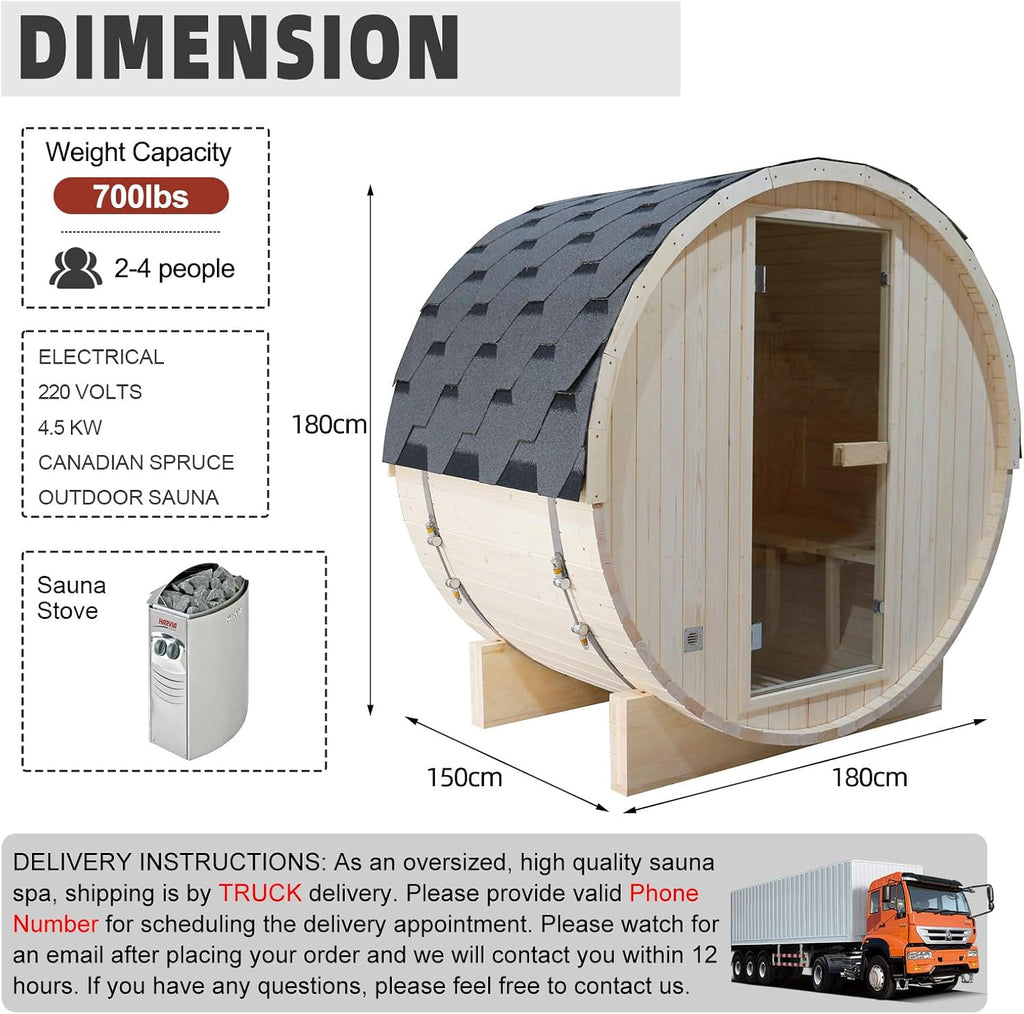 Outdoor Barrel Steam Sauna for 2-4 Person, Canadian Spruce Wooden Saunas Room , Traditional Backyard Sauna Spa with
