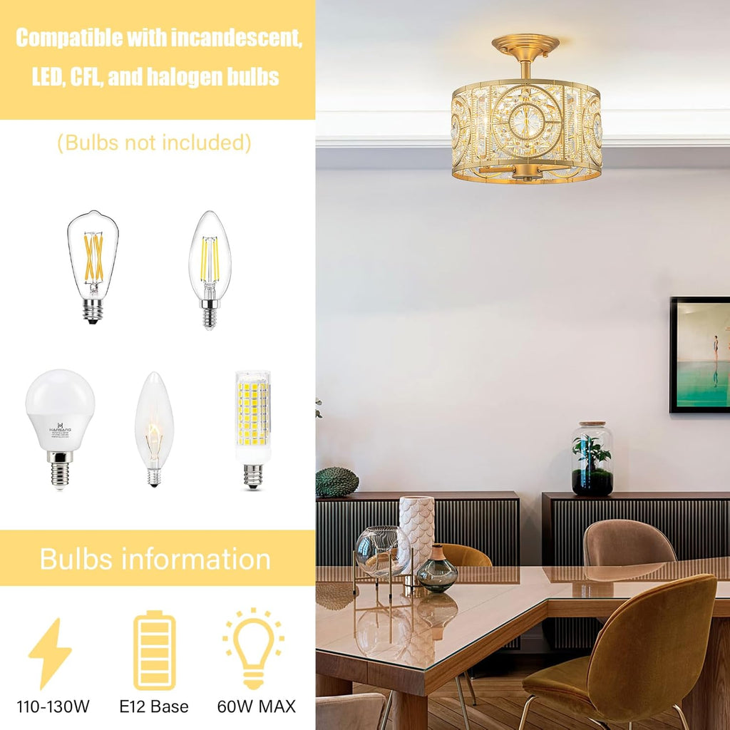 Semi Flush Mount Chandelier for Dining Room, 3-Lights Vintage Crystal Round Chandelier, Gold Retro Semi-Flush Mount