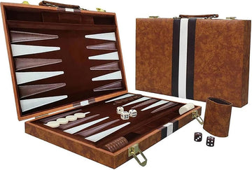 15-Inch Portable Backgammon Set with Folding Board and Leather Travel Case