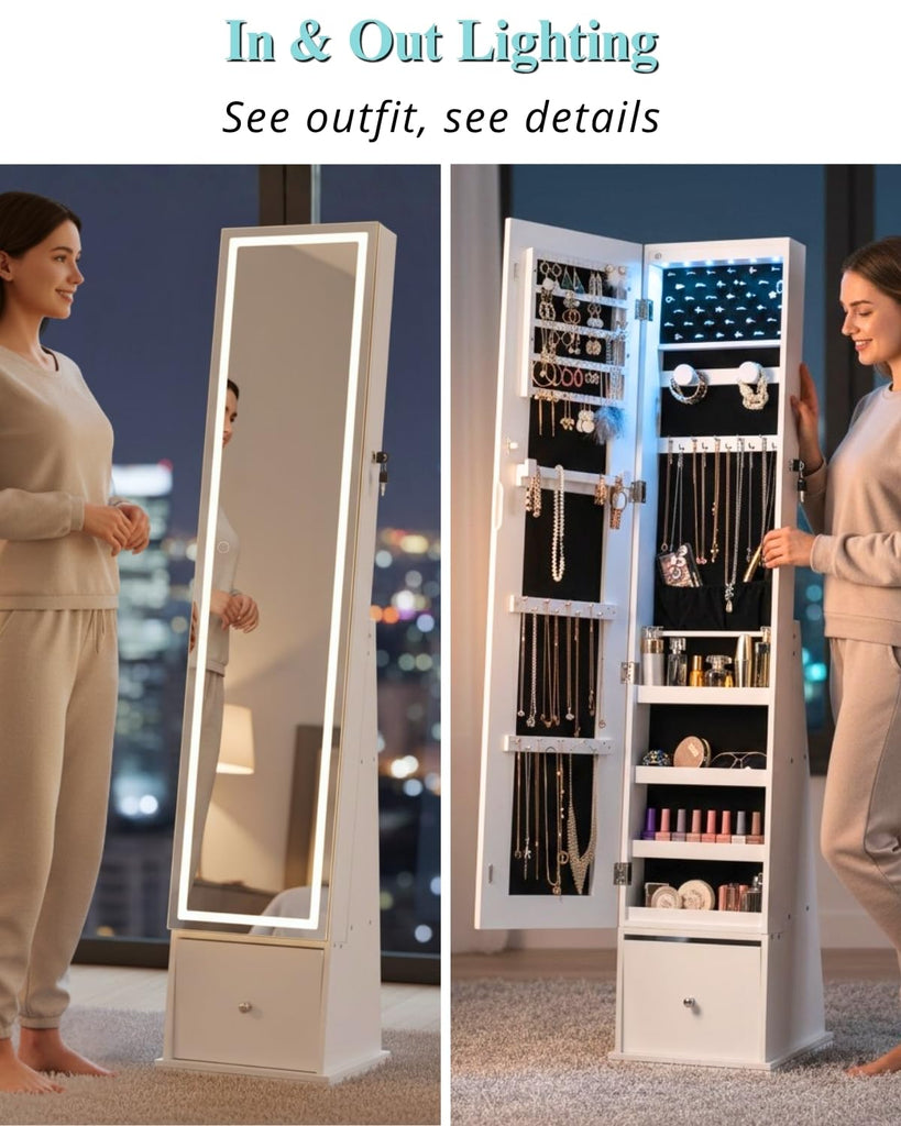 LED Light Strip Swivel Freestanding Jewelry Cabinet, 61.8 in