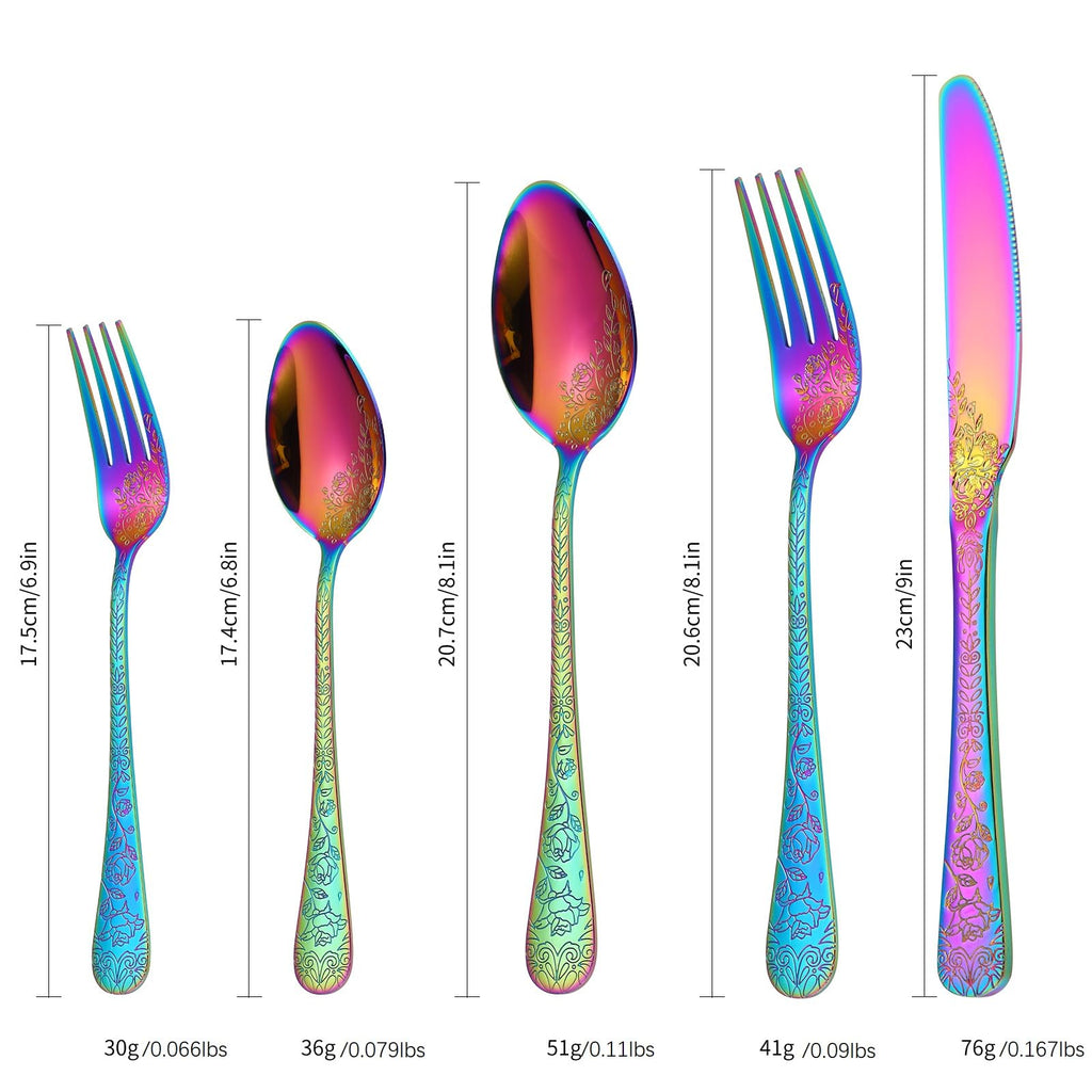 Embossed Flatware Set Rainbow 30 Piece Stainless Steel Silverware for 6 Cutlery with Floral Design Eating Utensils