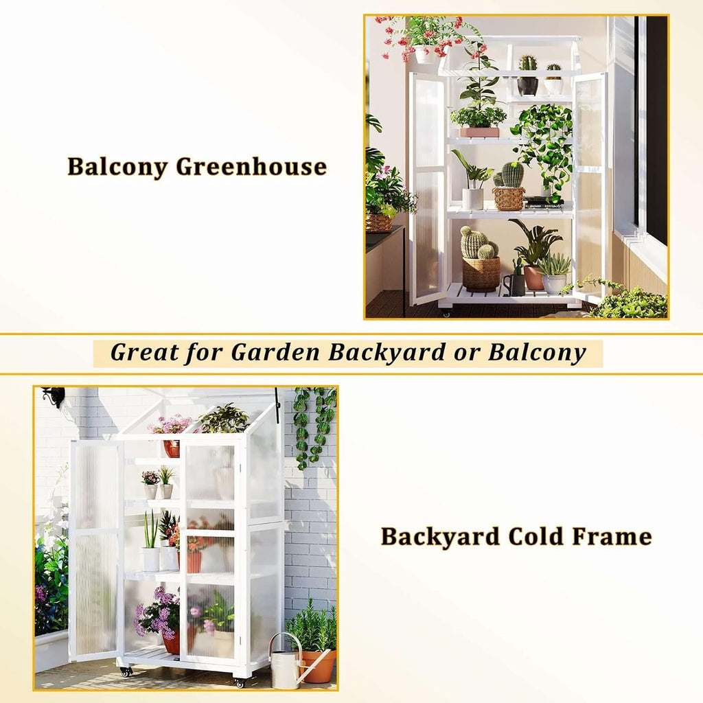 62 inches Tall Wooden Cold Frame Greenhouse Balcony, Portable Garden Flower Planter with Wheels and Adjustable
