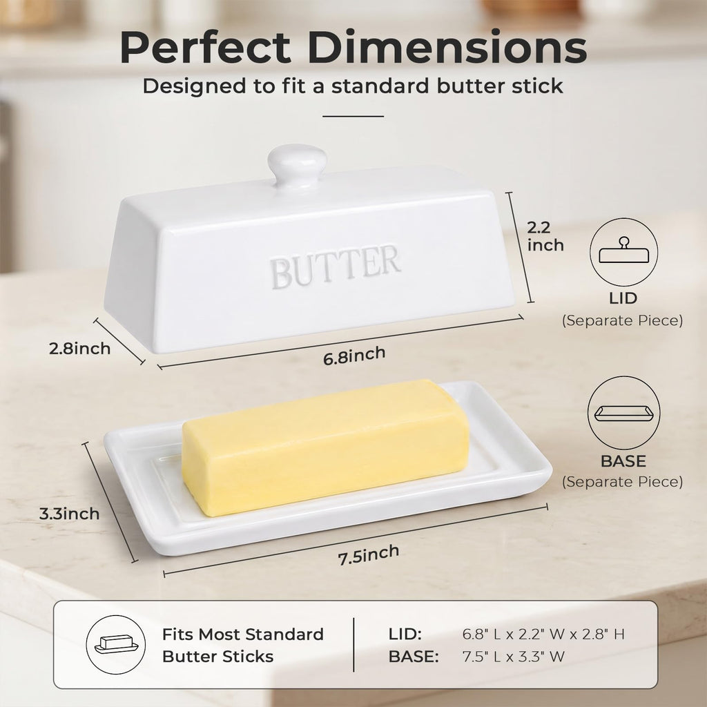 Butter Dish With Lid for Countertop,Butter Tray,Ceramic-White
