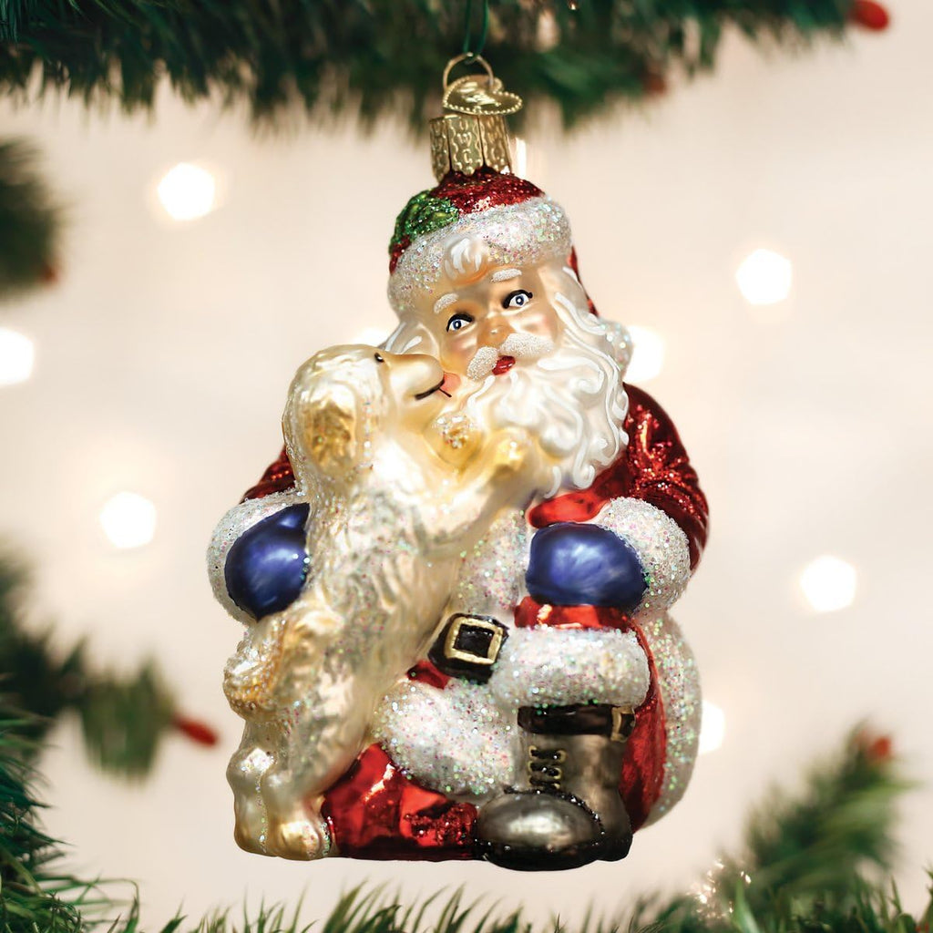 Santa's Puppy Love Glass Blown Ornament, Handcrafted Holiday Decoration, Santa Collection