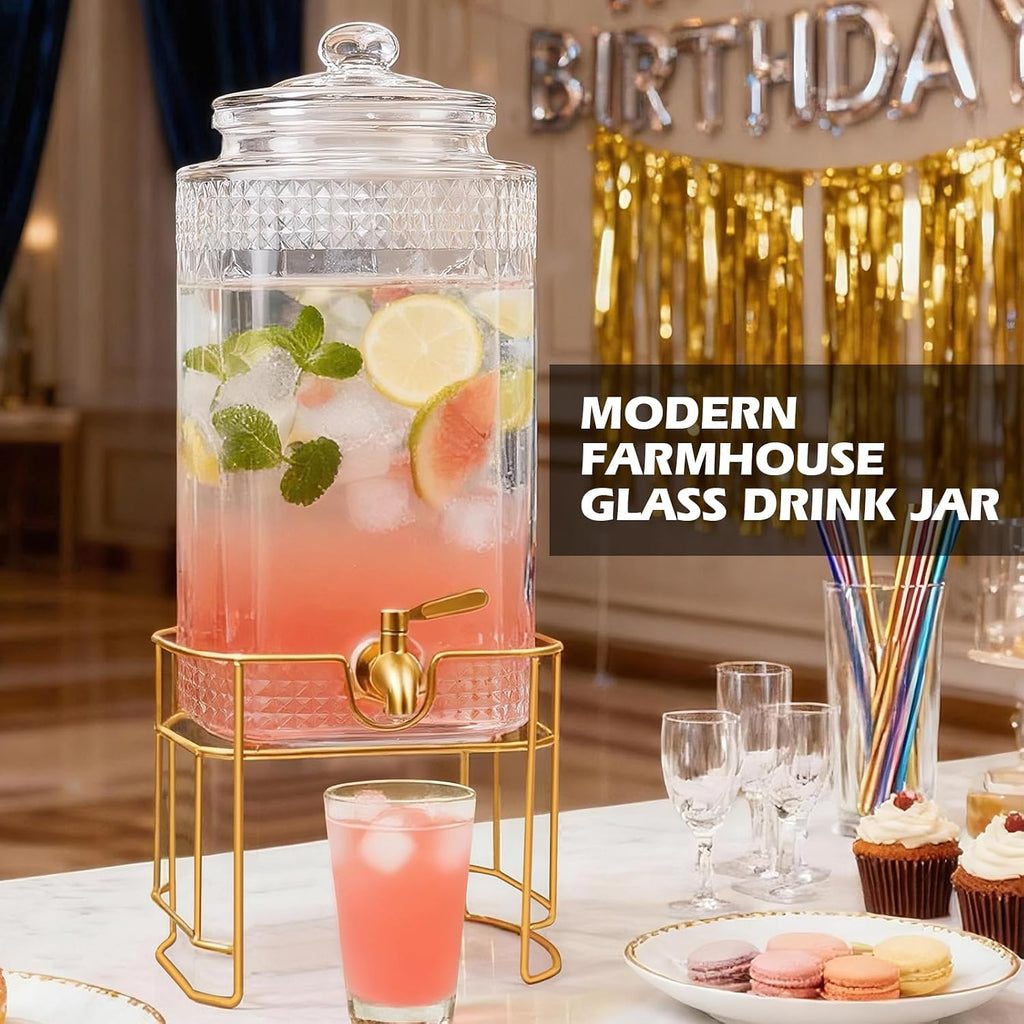 Drink Dispenser for Parties with Stand - 2 Gallon Beverage Dispenser with 18/8 Gold Stainless Steel Leak-Proof Spigot