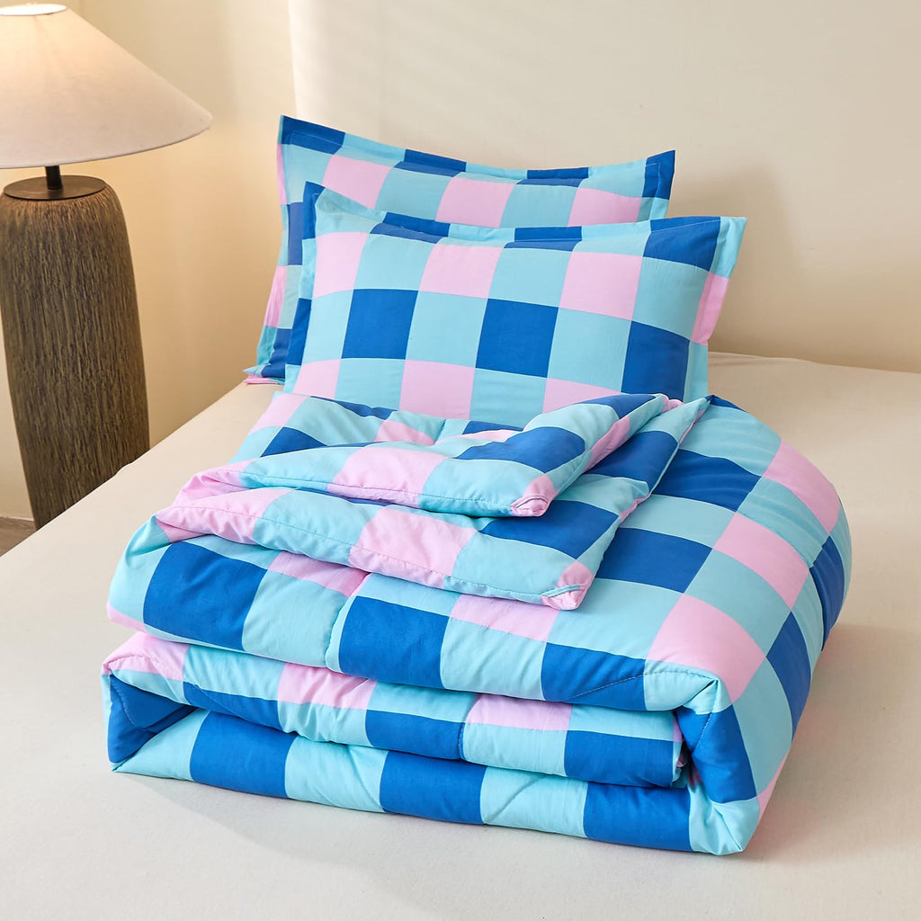 Checkered Comforter Set, Blue and Pink Plaid Comforter Bedding Set, Grid Gingham Fluffy Comforter Home Decor