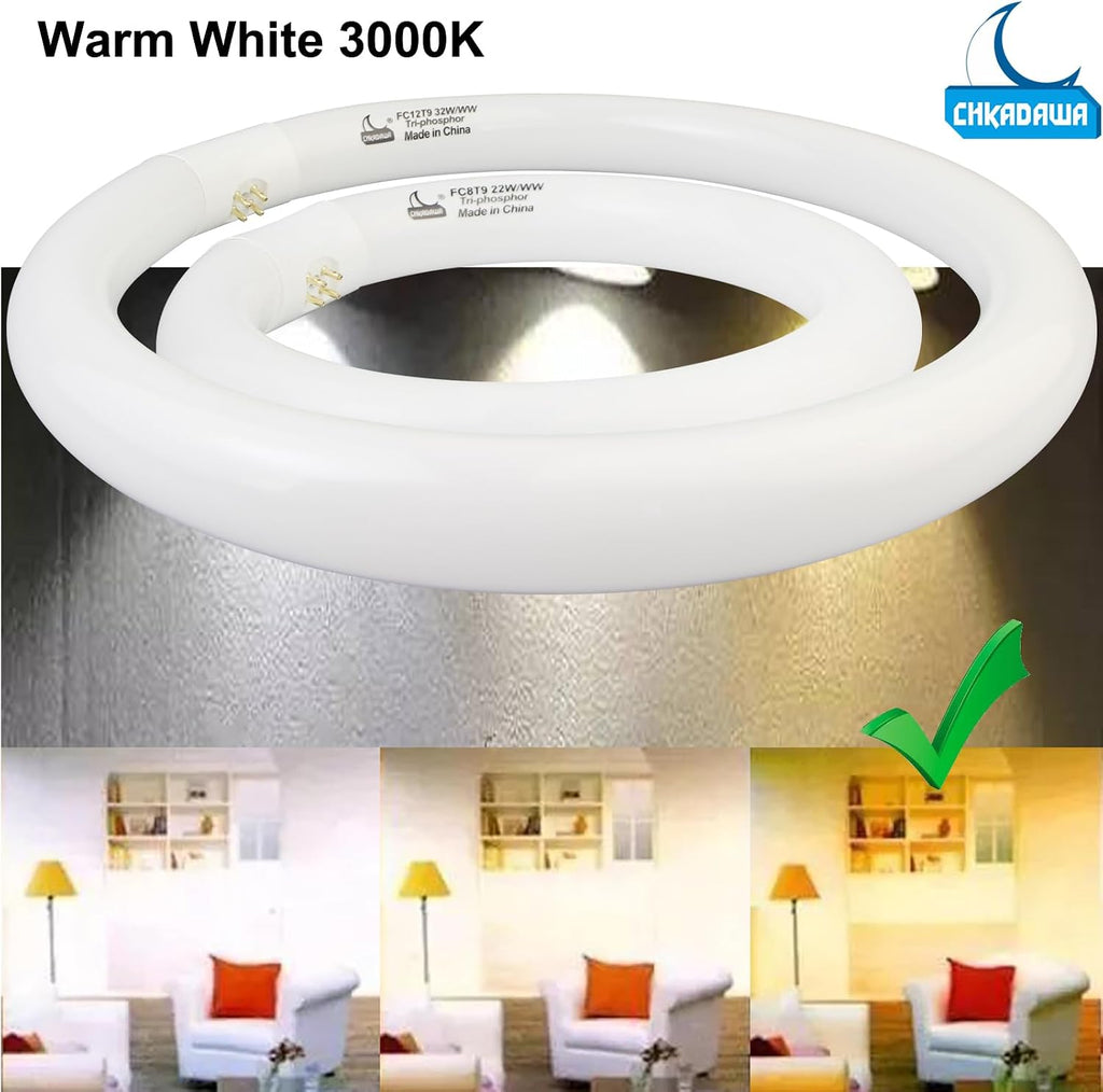 22W and FC12T9/KB 32W Warm White Set, Round Fluorescent 8 inch T9 22 Watts & Circular Light Bulbs 12 inch 32