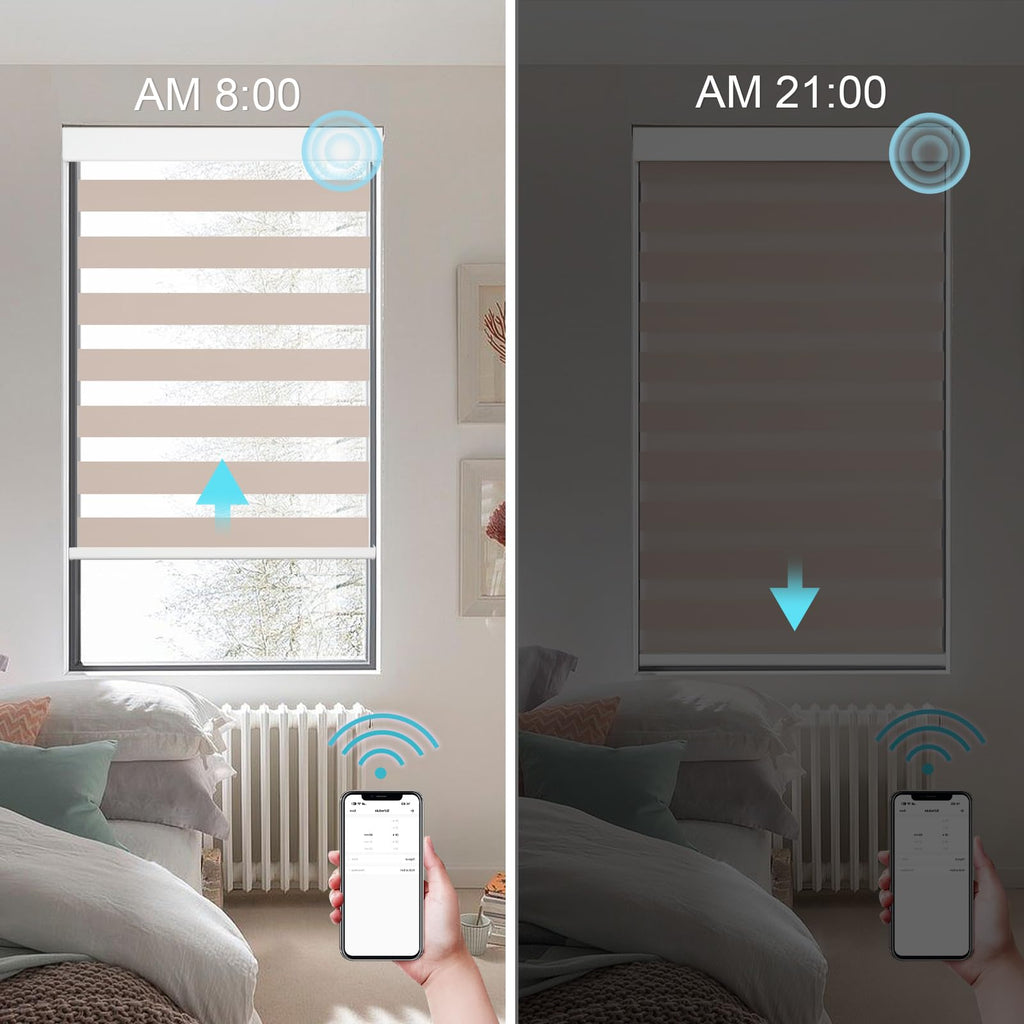 Custom Smart Zebra Blinds Compatible with Alexa, Blackout (85%) Motorized Dual-Layer Zebra Window Shades, Privacy Light