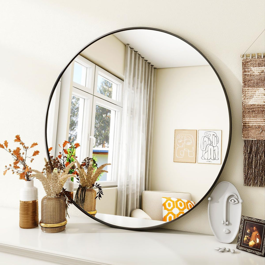 Black Round Bathroom Mirror 30", Thin Metal Frame Wall Mirror