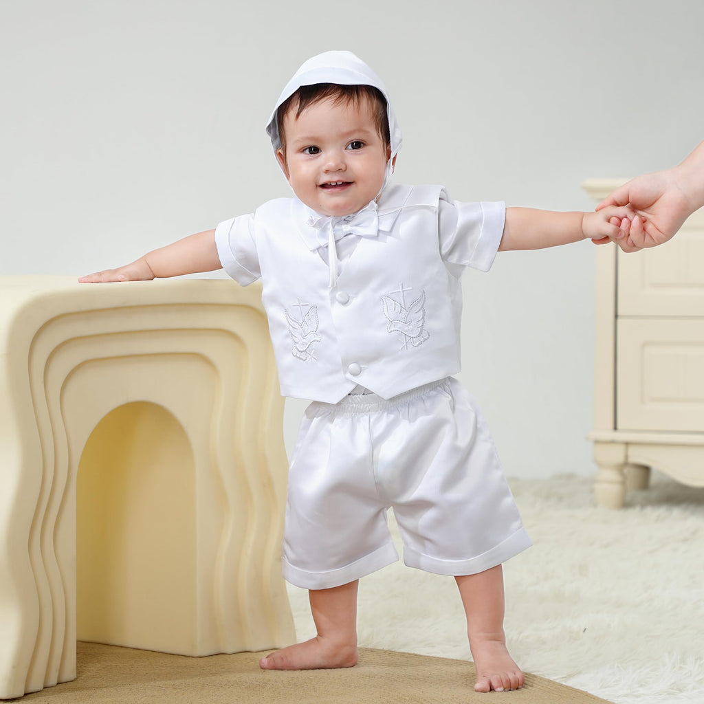 Baby Boys Christening Satin Suit Set White, Months