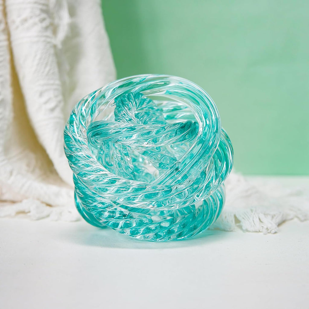 Glass Knot Teal Orbit Ball - 5 Inch Hand Blown Infinity Sculpture Decor Glass Orbit Home Decor Table Decoration