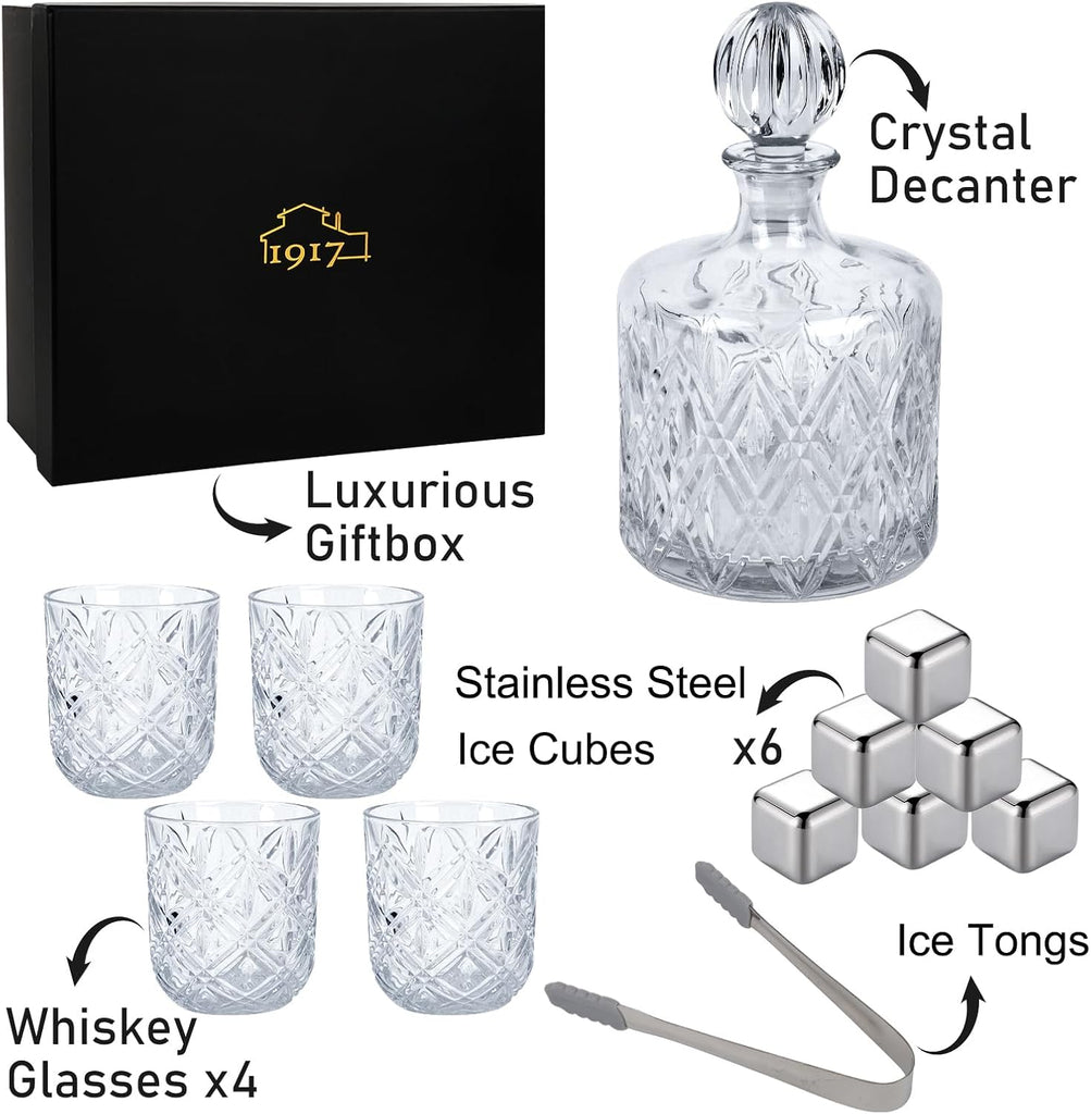 Lead-Free Crystal Whiskey Decanter Set, 37 oz, 4 Glasses, Premium Gift Box for Bourbon, Scotch & Home Bar