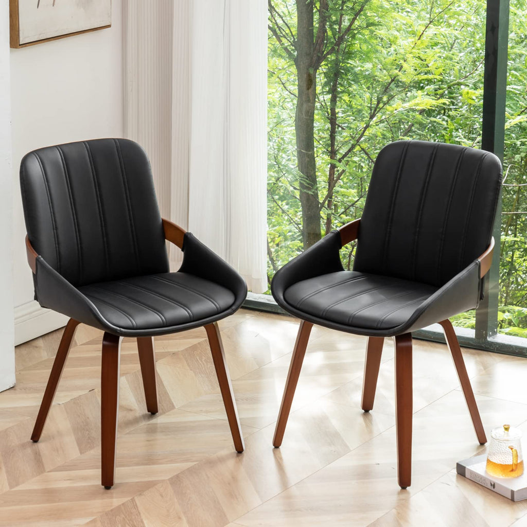 Mid Century Modern Faux Leather Upholstered Dining Chairs, Armless Accent Chairs with Sturdy Natural Wood Legs, Bamboo
