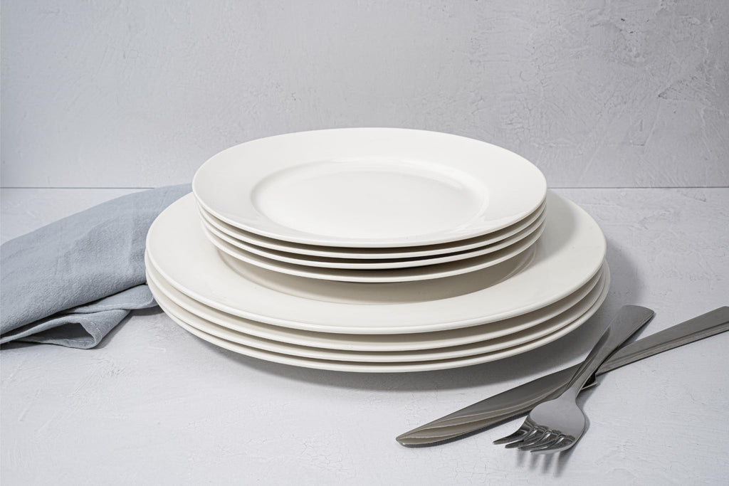 Bone China 12 Piece Dinnerware Set, Santorini Collection (Pure), White, Daily Use China, Tableware Service for 4