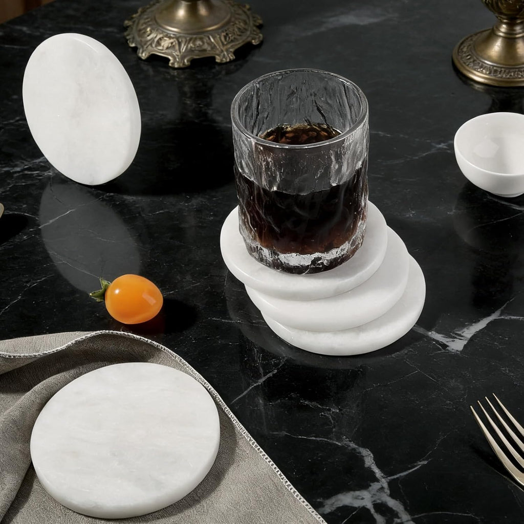 White Marble Coasters for Coffee Table, 3.9" Inches Handmade Round Coaster, Luxury Aesthetic Modern Drink - Set of 6