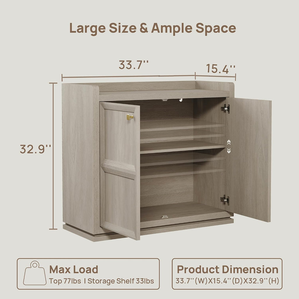 Sideboard Buffet Cabinet with 4 Doors & Shelves, Golden Handles | 68" wide; adjustable shelves; white oak accent