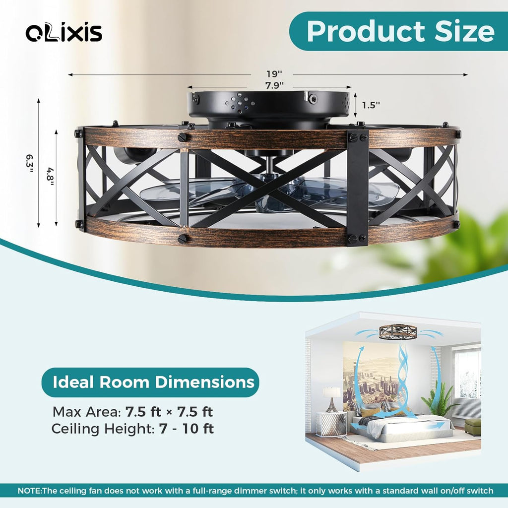 Ceiling Fans with Remote, Farmhouse Ceiling Fan, 19 Inch Low Profile Caged Fandelier, Flush Mount with 6 Wind Speeds