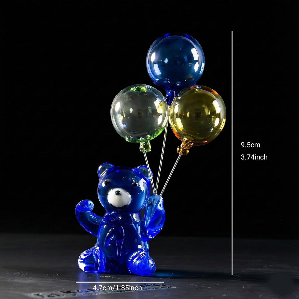Hand-Blown Glass Bear Figurine with Balloons, Sapphire Blue Animal Sculpture, Kawaii Room Decor & Refreshing Desk