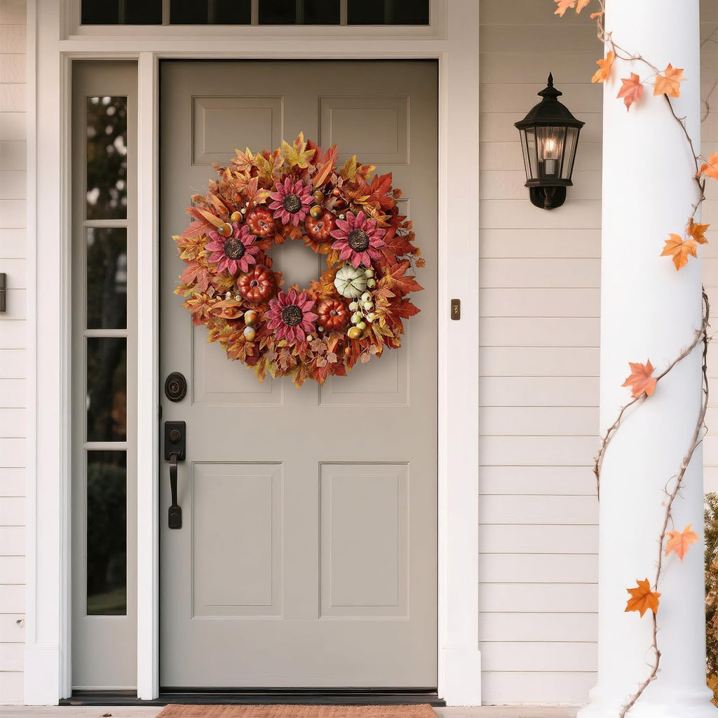 28" Large Artificial Flowers Fall Wreath for Front Door Decor (Fall Orange)