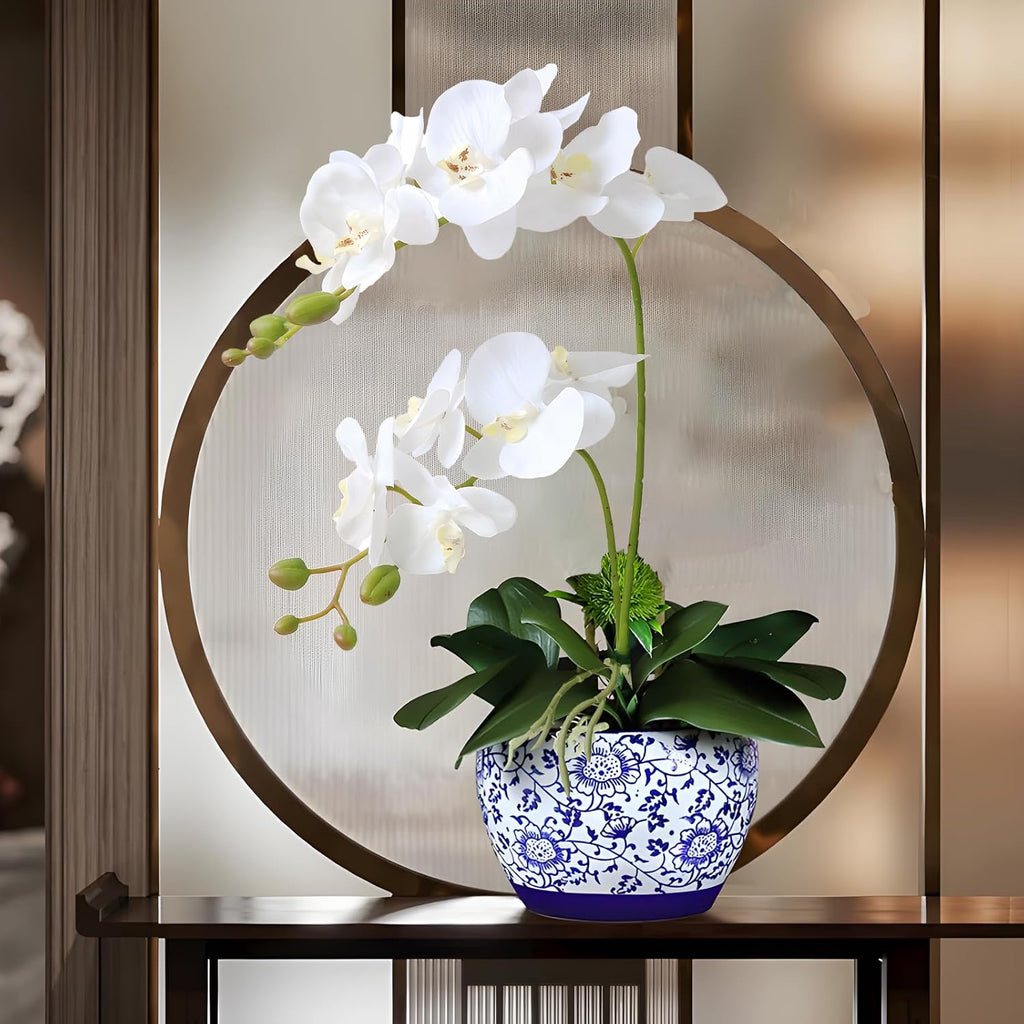 2 Branches Artificial White Phaleanopsis Flowers Faux Orchids Stems Leaves Plants Bonsai Garden Decoration (White)