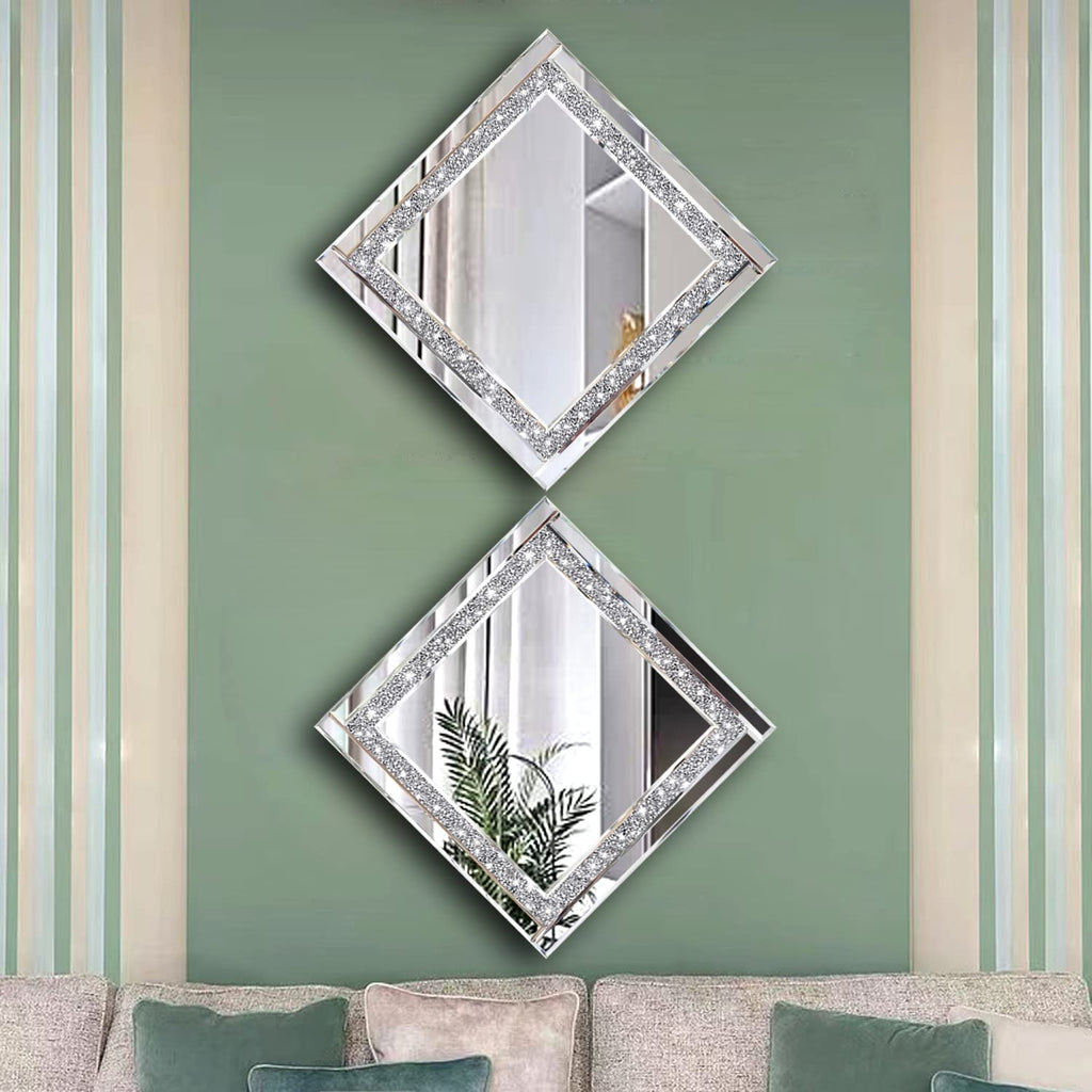Crystal Crush Diamond Silver Mirror 12'' x 12'' 2PCS,Frameless Stylish Gorgeous Diamond Decor Glam Glass Mirror.