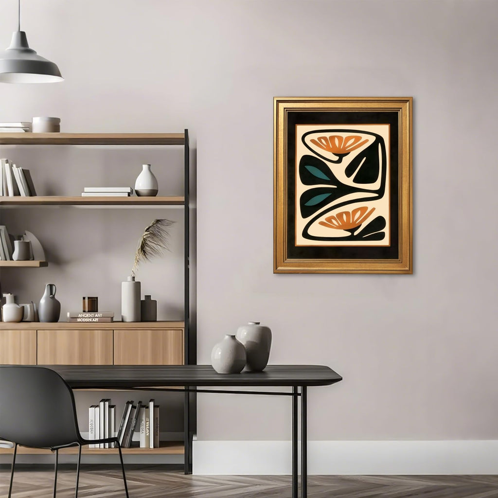 Vintage Gold Framed Abstract Floral Wall Art Mid Century Modern Botanical Poster Darkness Geometric Canvas Painting