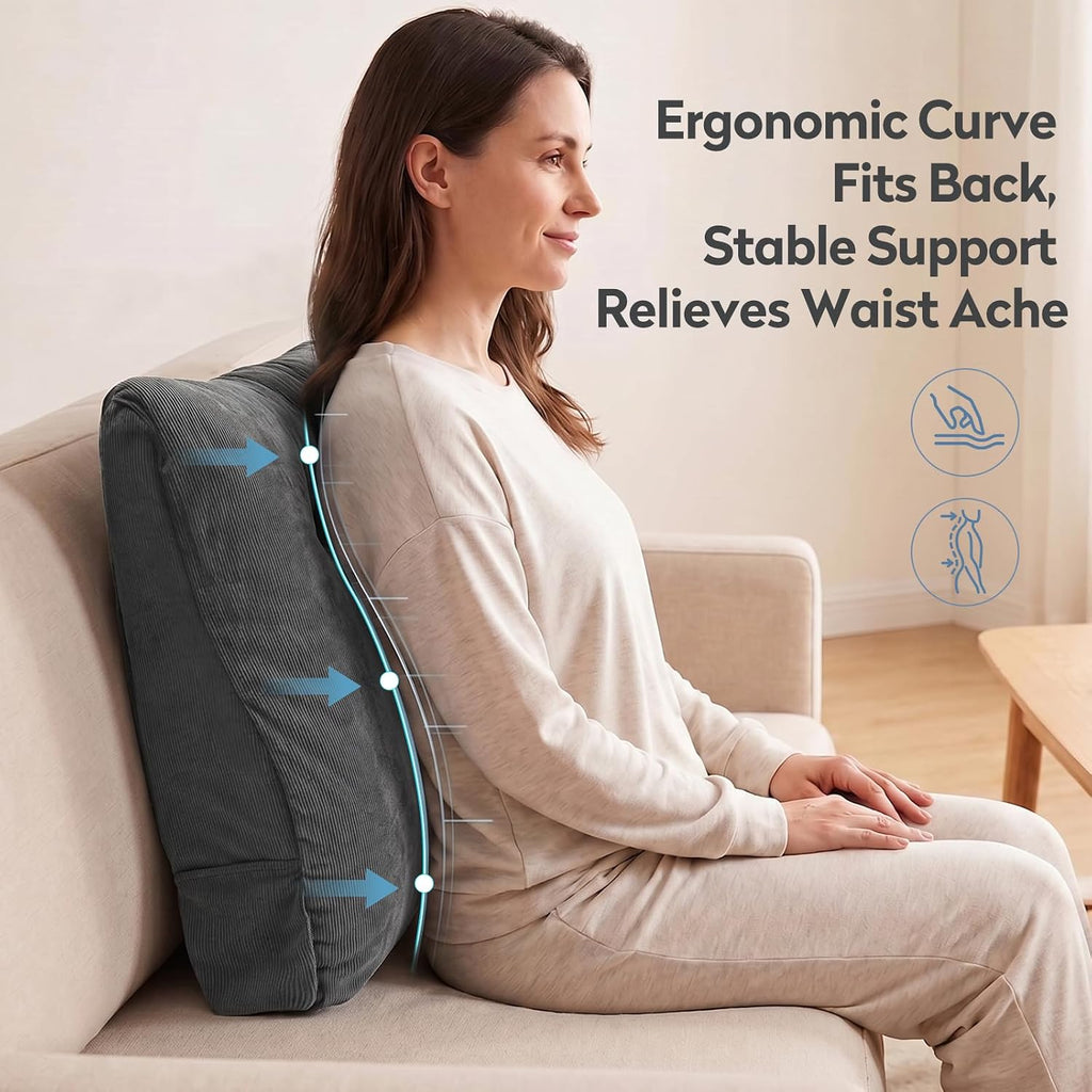 Couch Back Cushion, Shredded Foam Lumbar Support Pillow with Side Pocket | Triangle Ergonomic Back Pillow with
