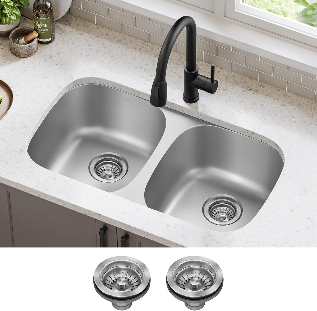 Premier 32-inch Undermount 50/50 Double Bowl 18-Gauge Stainless Steel Kitchen Sink with Strainers (x2), KBU22