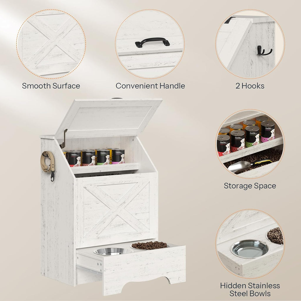 Dog Feeding Station with Sliding Drawer and 2 Hidden Bowls, Pet Feeding Station with Flip-Up Door, Dog Food Storage