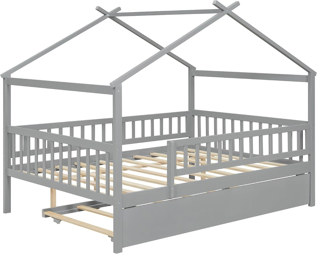 & Bright Designs House Bed with Trundle, Full Size Montessori Bed Frame with Fence Rails and Roof for Kids Girls &