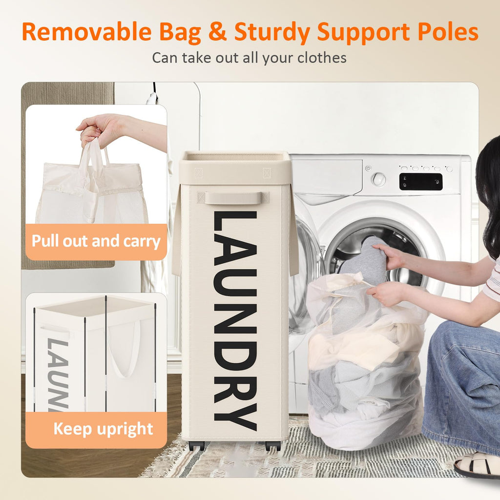 90L Laundry Basket with Wheels, Rolling Hamper with Removable Bag