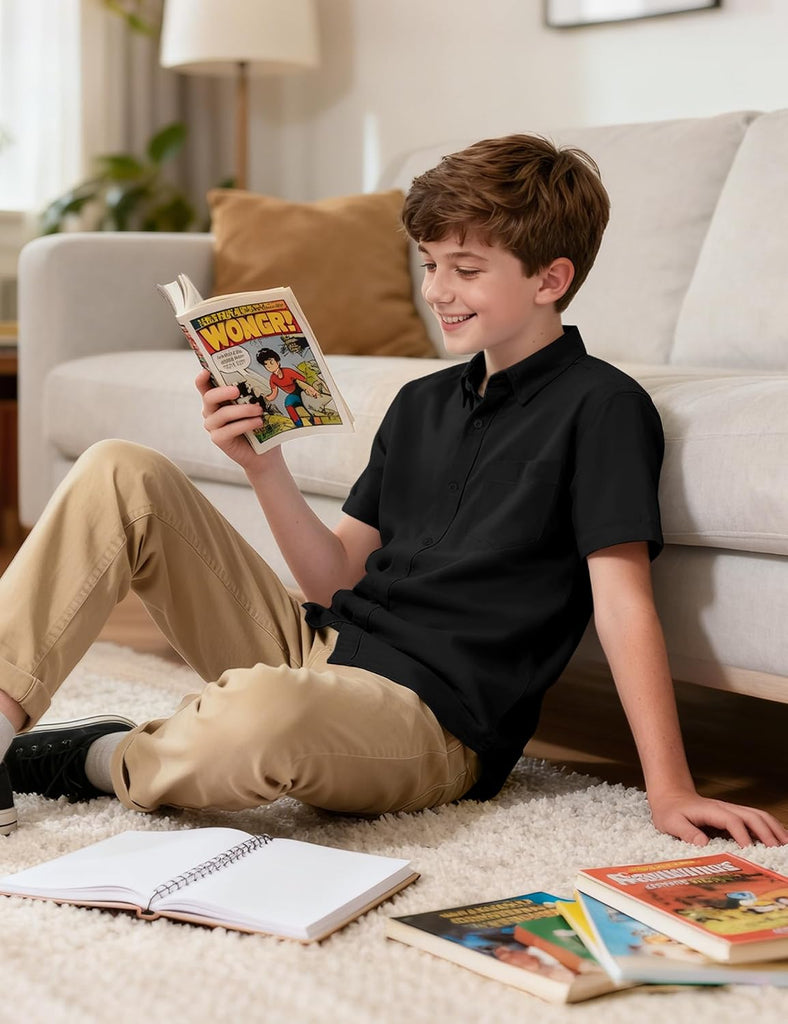 Boys Button Down Dress Shirts Short Sleeve Uniform Oxford Shirt