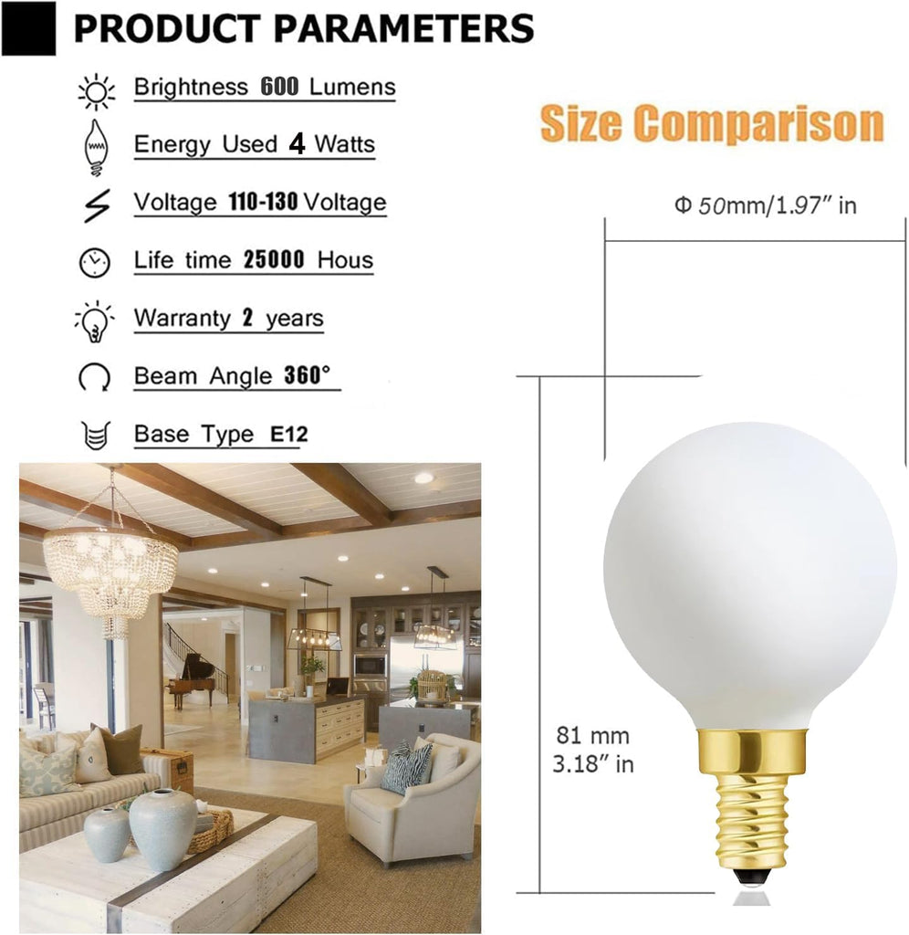 Frosted G16.5 globe light bulb,e12 Round Candelabra Bulb 40 watt,4W Chandelier Light Bulbs,Milky White Candelabra LED