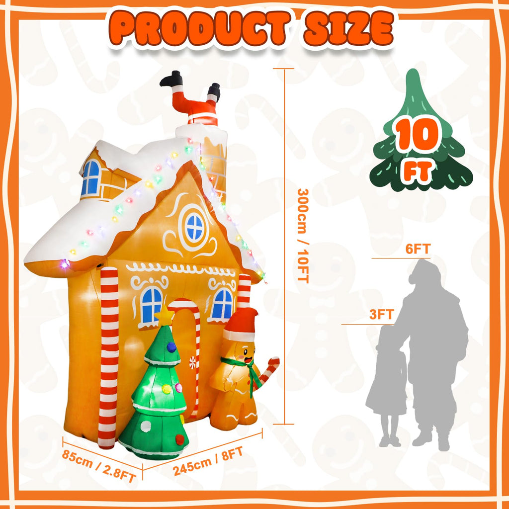 10FT Christmas Inflatables Gingerbread House Decorations, Outdoor Christmas Decorations Built-in LED Gingerbread