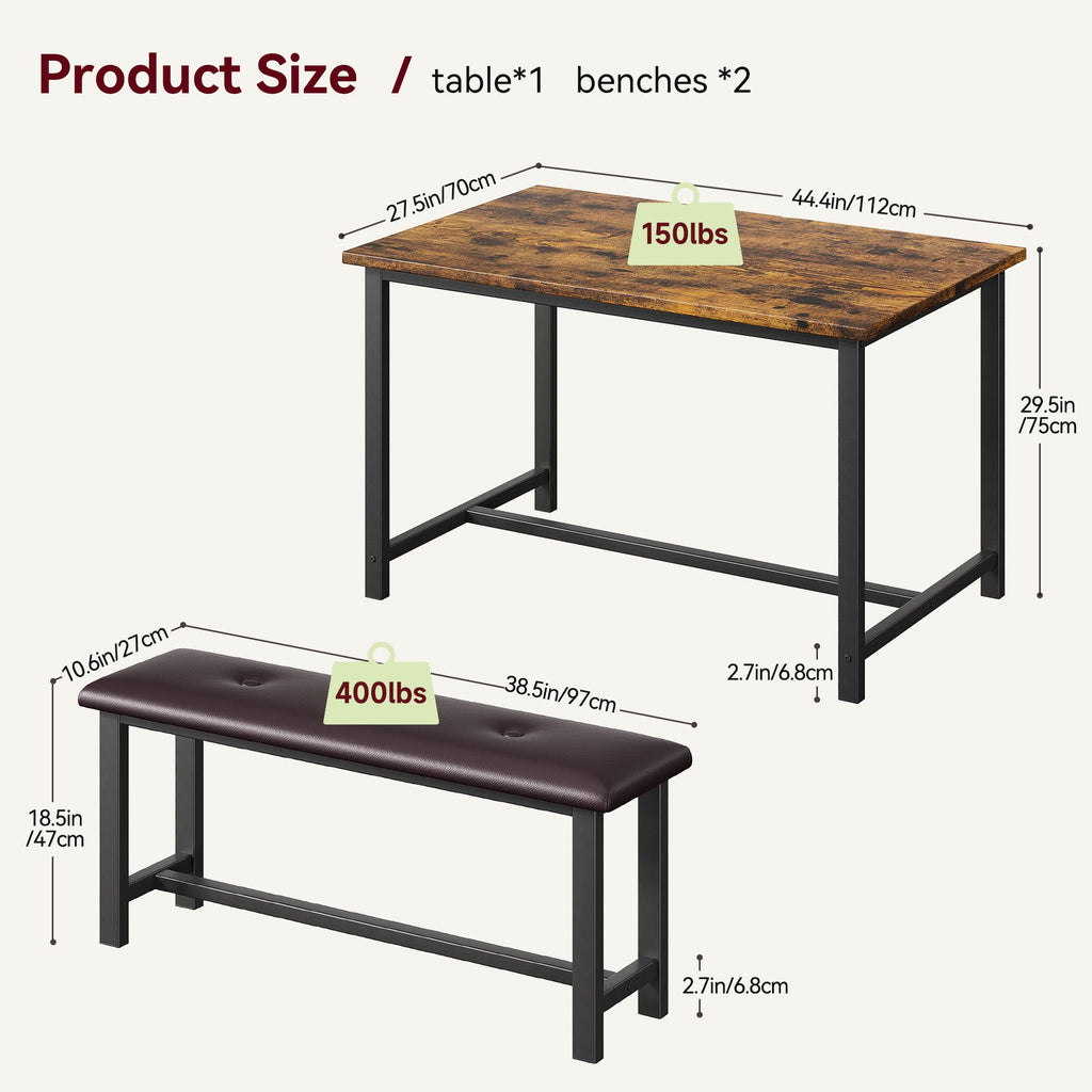 Dining Table Set for 4, Kitchen Table with Upholstered Bench, Rectangular Dining Room Table Set with 2 Benches, 3