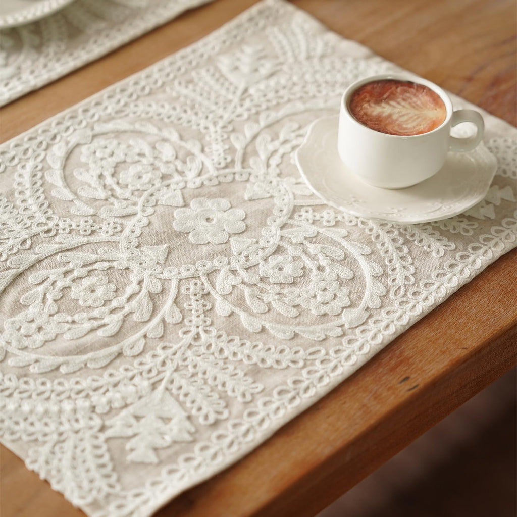 Embroidered Placemats Farmhouse Lace Doily, Beige 14"x18" 2PCs