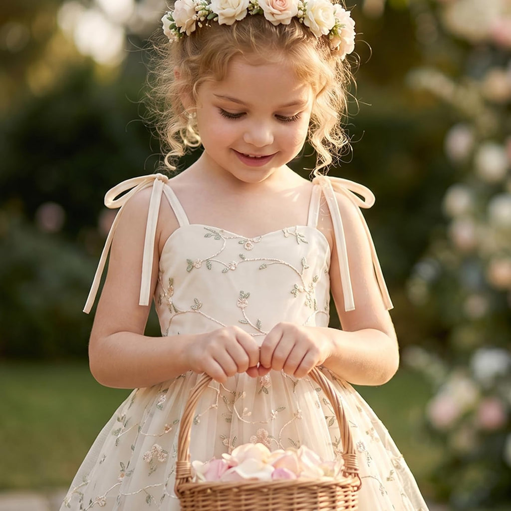 Embroidery Flower Girl Lace Dess for Kids Party Wedding Bridesmaid Tulle Dresses Princess Pageant Birthday Floral Gown