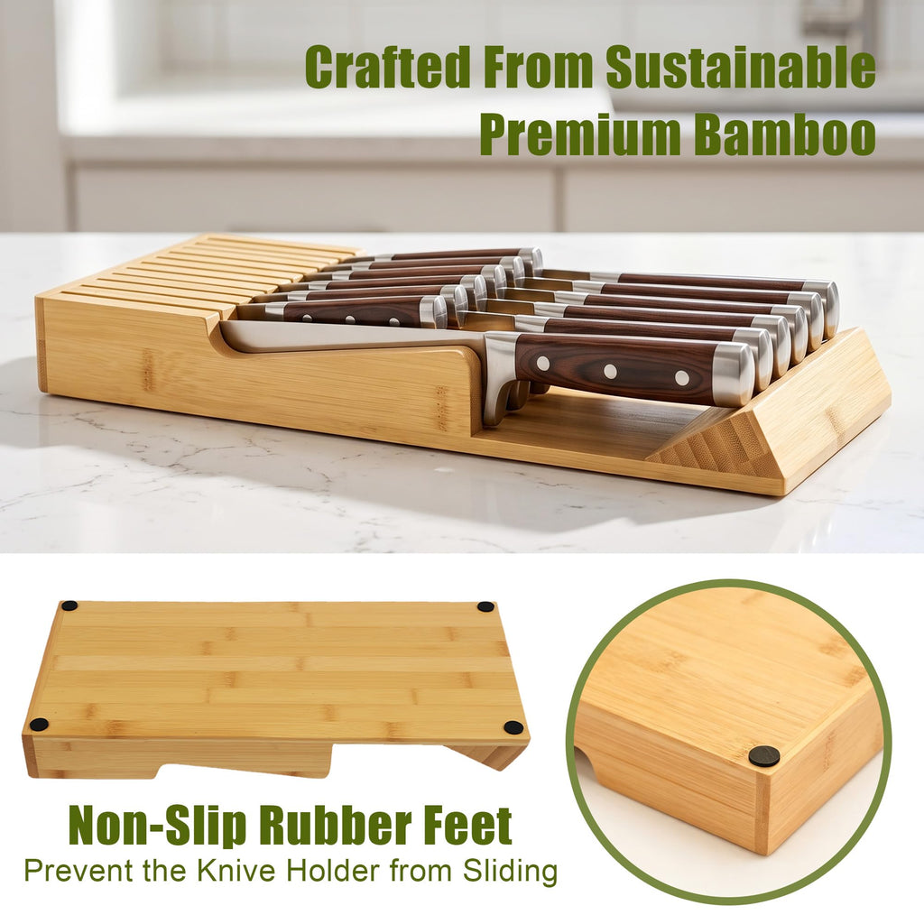 Bamboo Kitchen Drawer Knife Block, In drawer Knife Holder, Knife Drawer Organizer fit for 13 knives