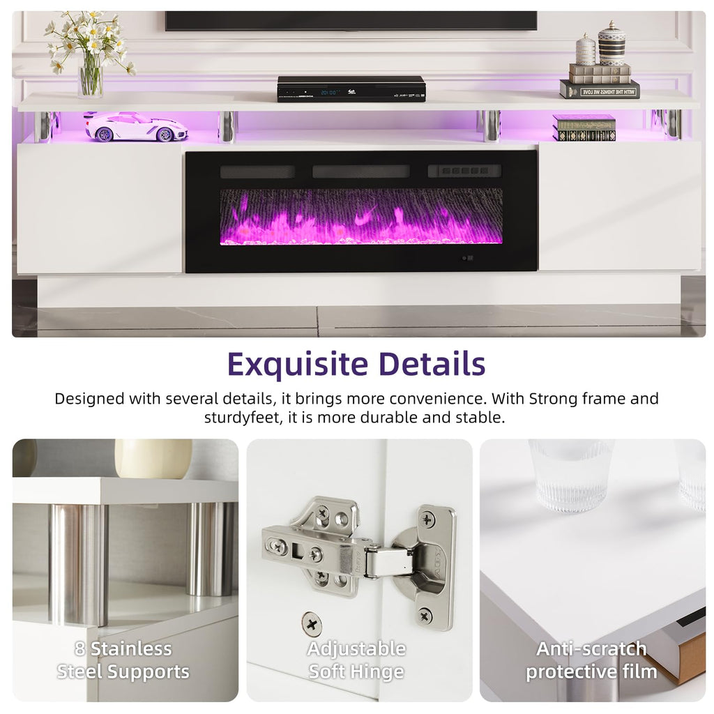 Fireplace TV Stand with 36" Electric Fireplace, 80" 2 Tier TV Console Stand for TVs Up to 90"", LED Light