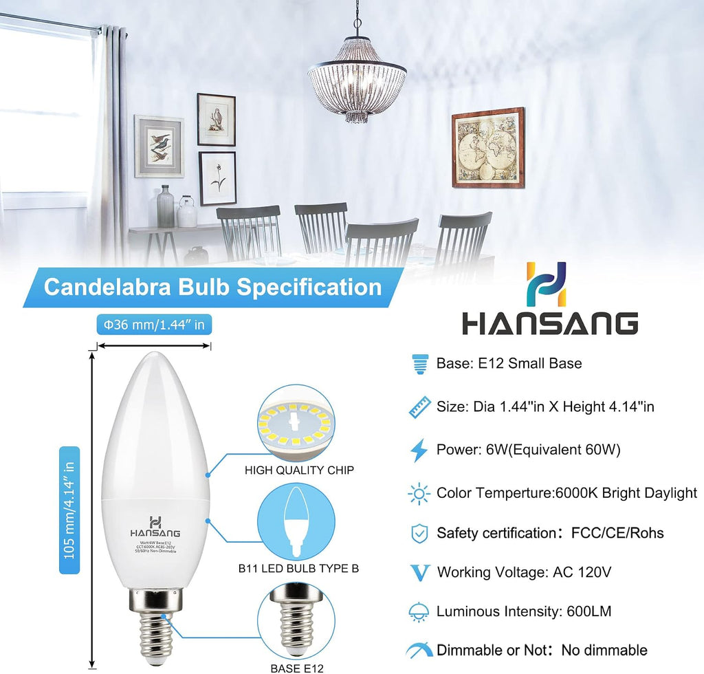 E12 LED Candelabra Light Bulbs 60W Equivalent 6000K Cool Daylight