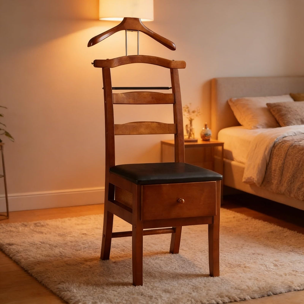 Wooden Valet Chair with Drawer, Suit Rack, Trouser Holder, Freestanding Clothes Organizer for Men and Women