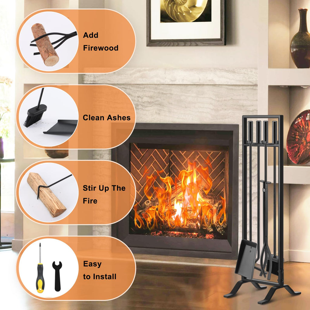 Premium 5 Pcs Wrought Iron Fireplace Tools Set for Outdoor/Indoor, Fire Place Set Tools Include Poker, Tongs