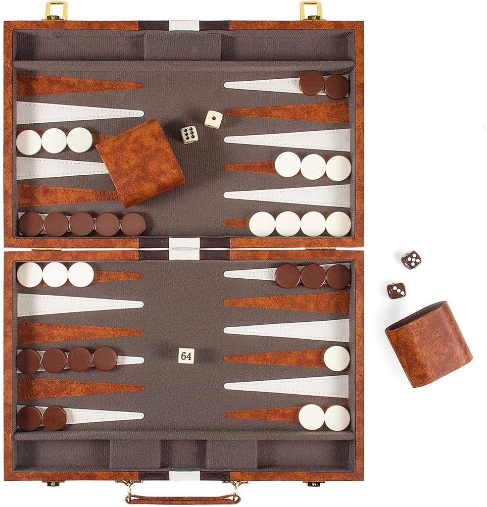 Backgammon Set, 15 Inches Classic Board Game with Leather Case, Folding Board, Gift Package, Portable Travel Strategy