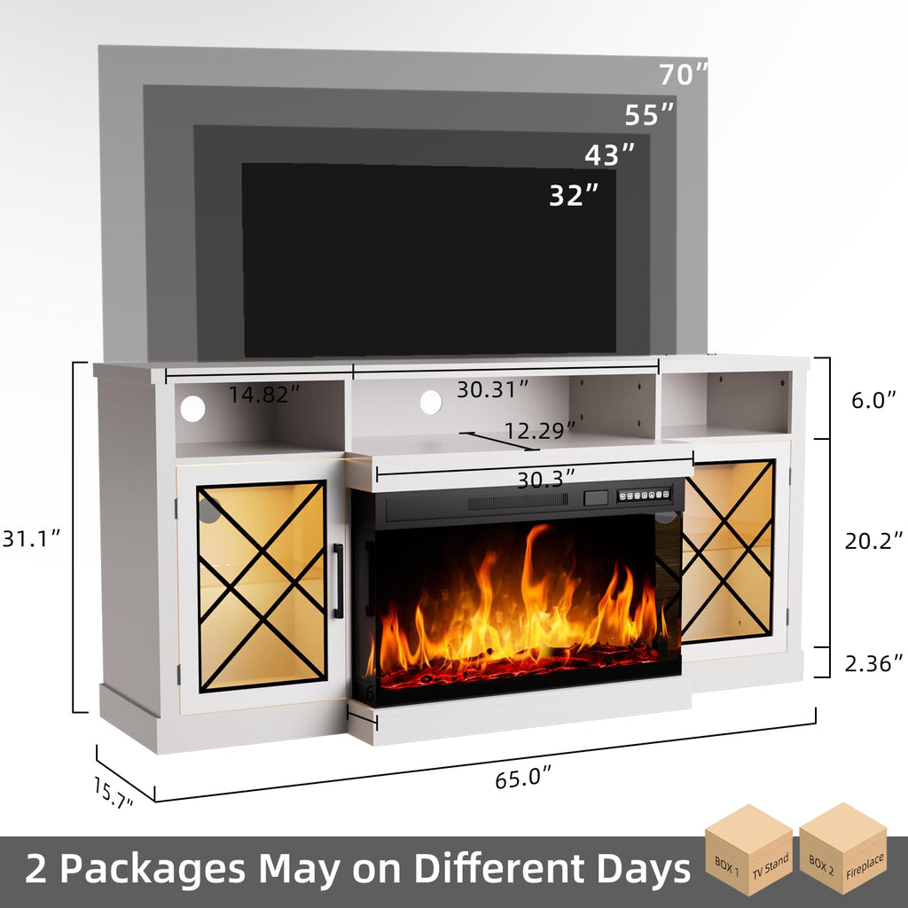 65" Fireplace TV Stand, 3 Sided Glass Fireplace Entertainment Center for TVs up to 75" with Storage Cabinet, Glass