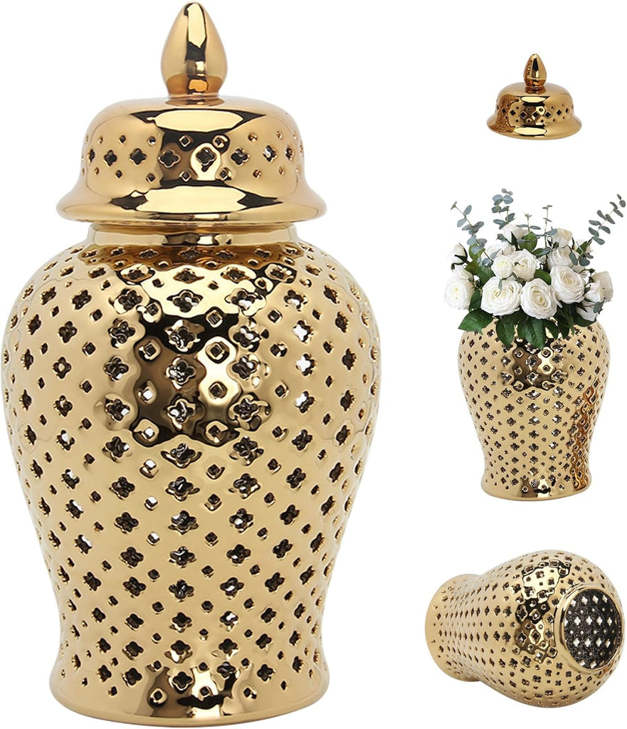 Gold Ceramic Ginger Jar with Lid Lattice 5.9x11inch Hollow Decorative Minimalist Ginger Jars Decor Vase Living Room