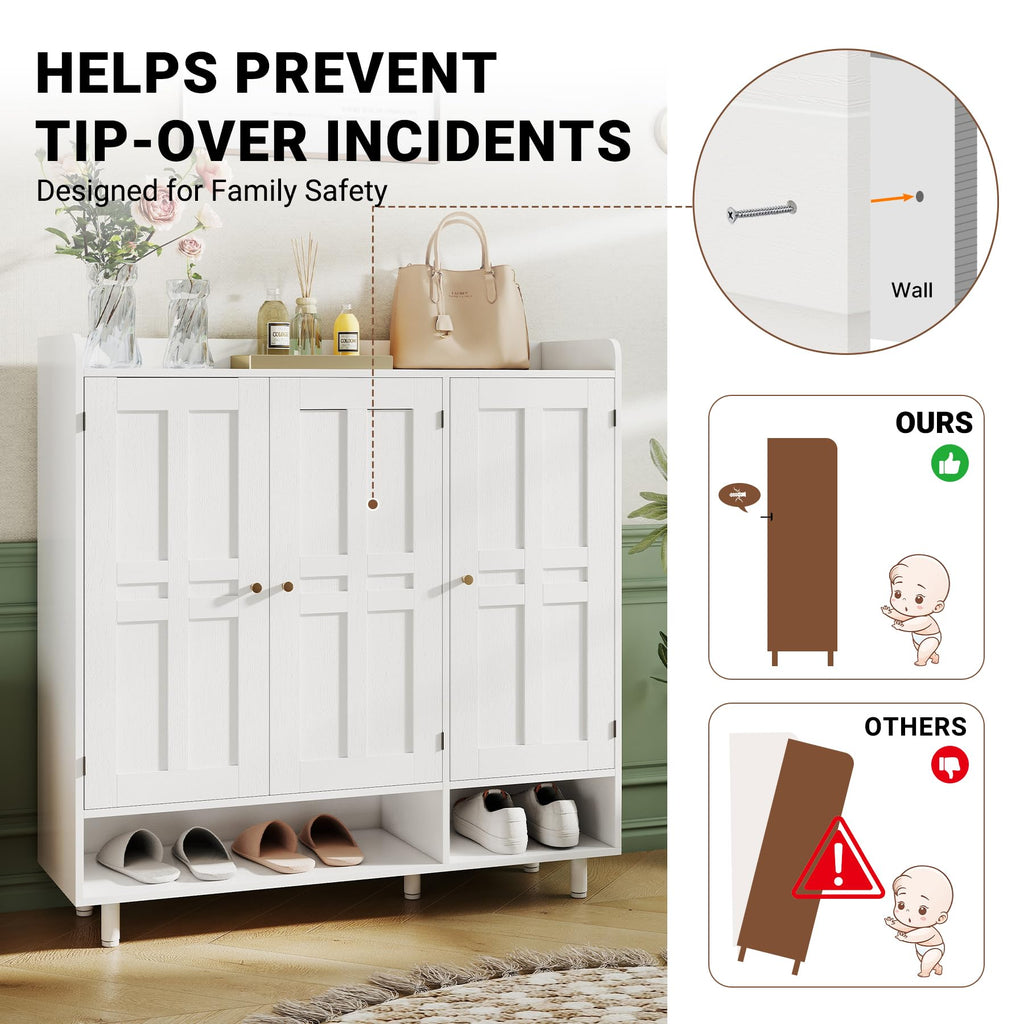 Shoe Cabinet with 3 Doors and Adjustable Shelves, Large Shoe Storage Cabinet for 24-30 Pairs, Modern Farmhouse Shoe