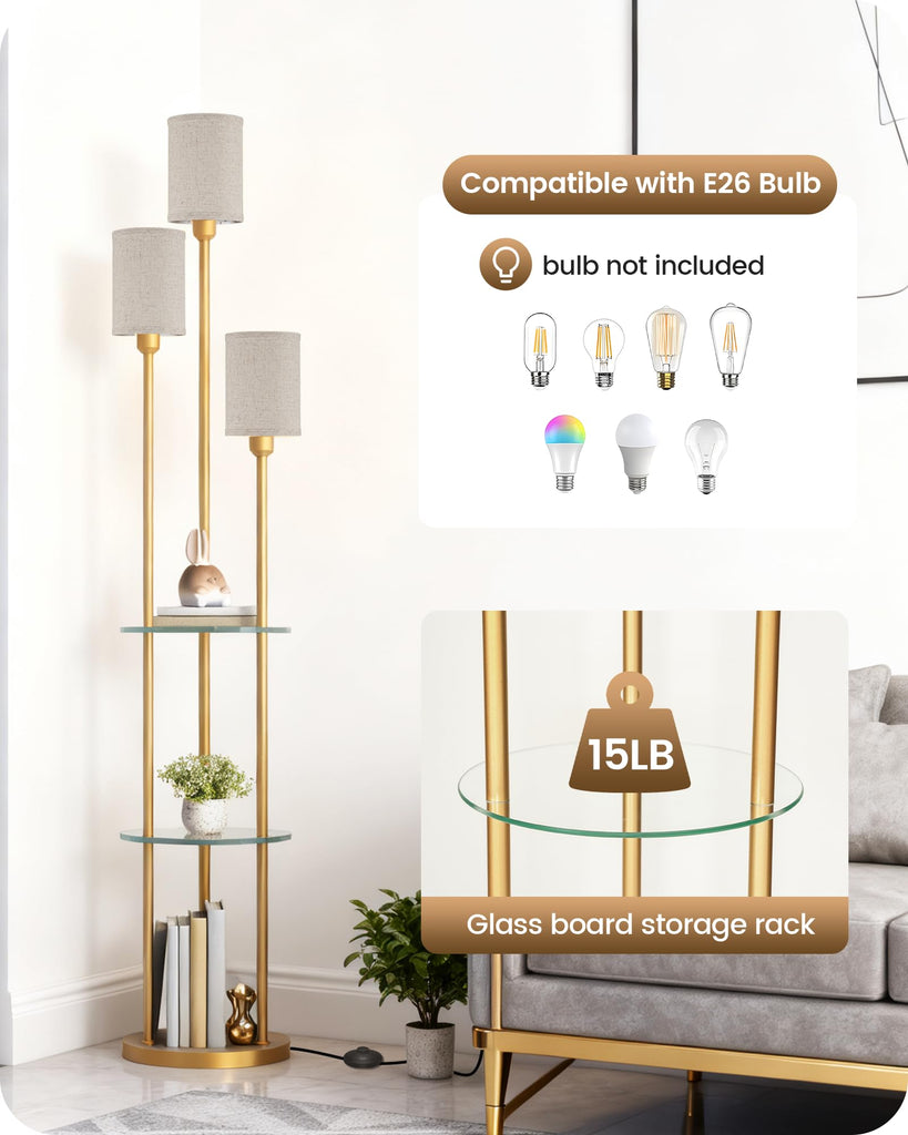 Floor Lamp with Shelves, Modern Floor Lamp with 3 Linen Shades and Foot Switch, 3-Light Standing Lamp, Study, Office
