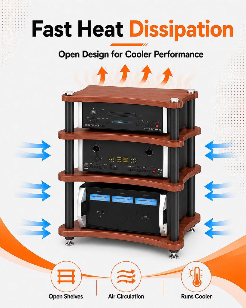 Heavy Duty 4-Tier AV Media Stand, 352 lb Load Capacity, Teak