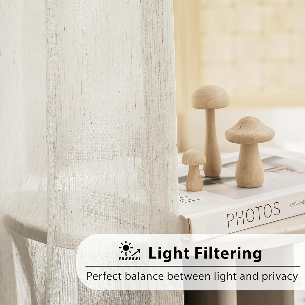 Linen Sheer Pinch Pleated Curtains, Linen Flax Beige 108 Inches Long Sheer Curtain See Through Panels, Natural Window