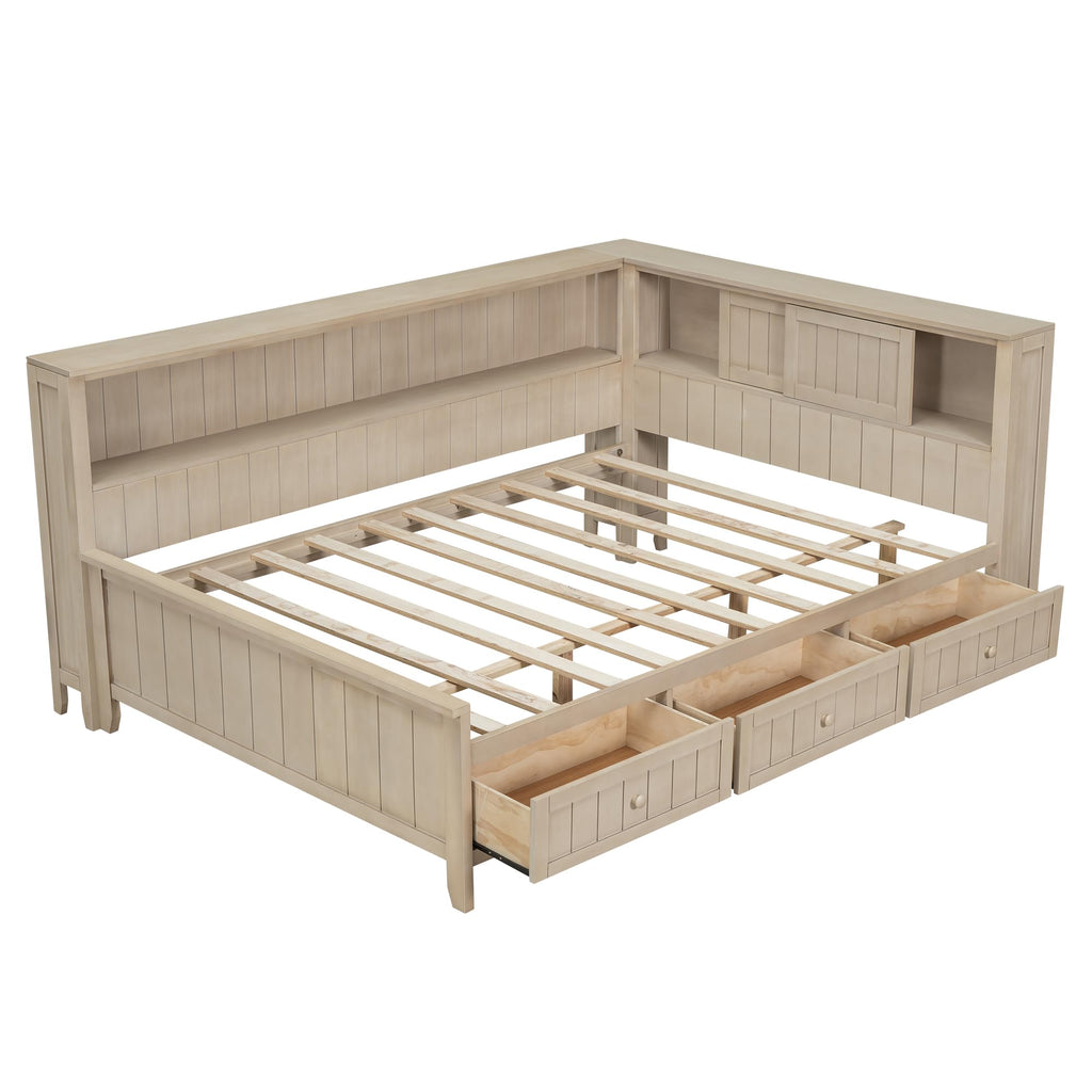Corner Bed Frame with Bookcase Storage, Wood Platform Bed Frame with 3 Drawers, Daybed with Storage